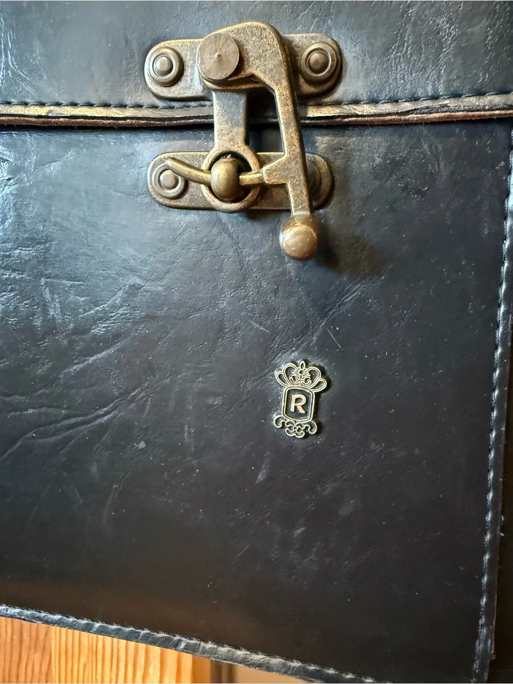 Men's Vintage Black Leather Briefcase with Antique Brass Hardware Work Travel